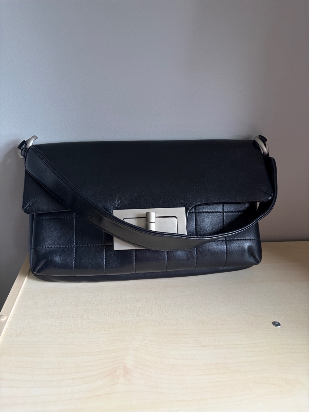 Black Quilted Leather Shoulder Bag with Silver Hardware